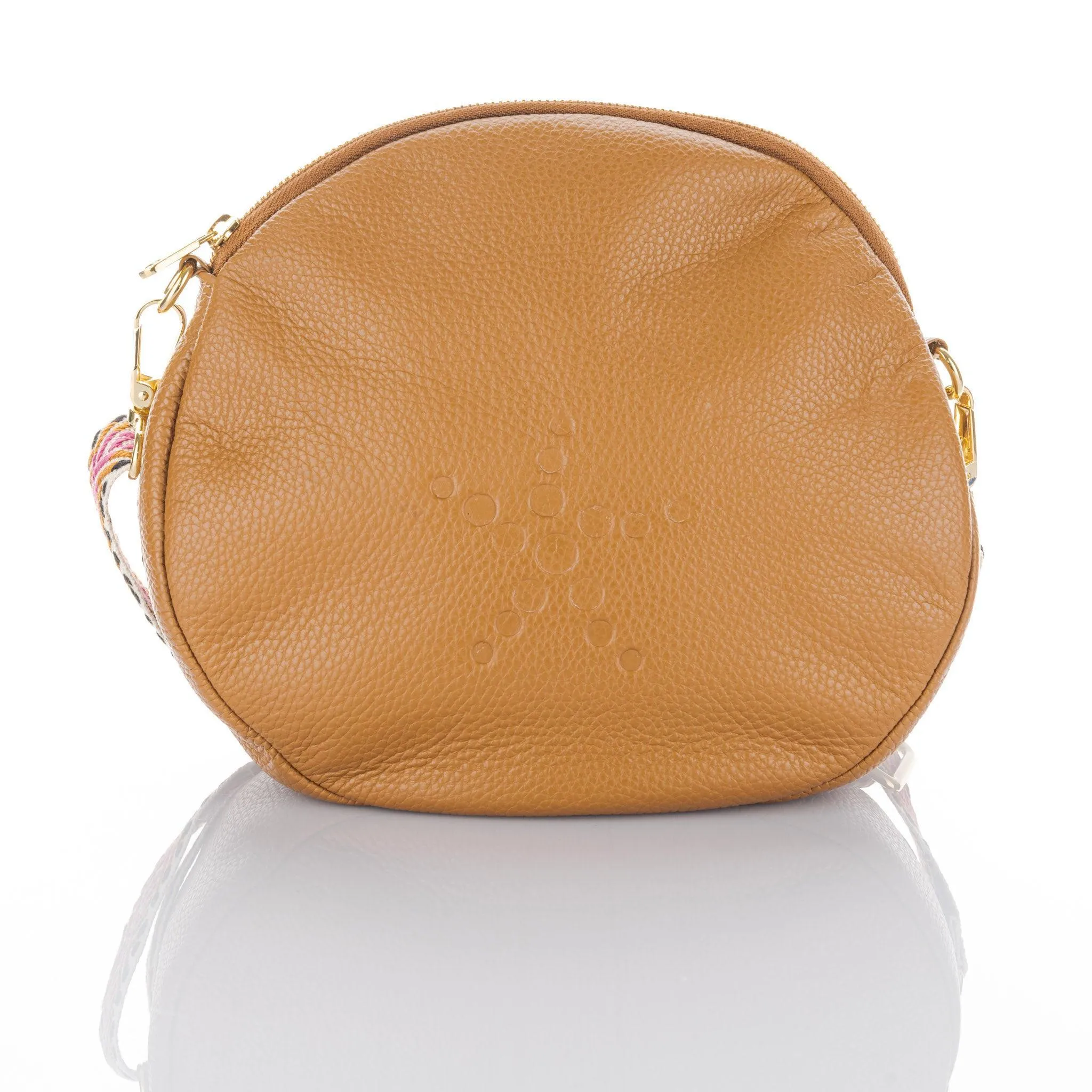 Alondra - Full Grain Leather Round Crossbody Bag - Camel