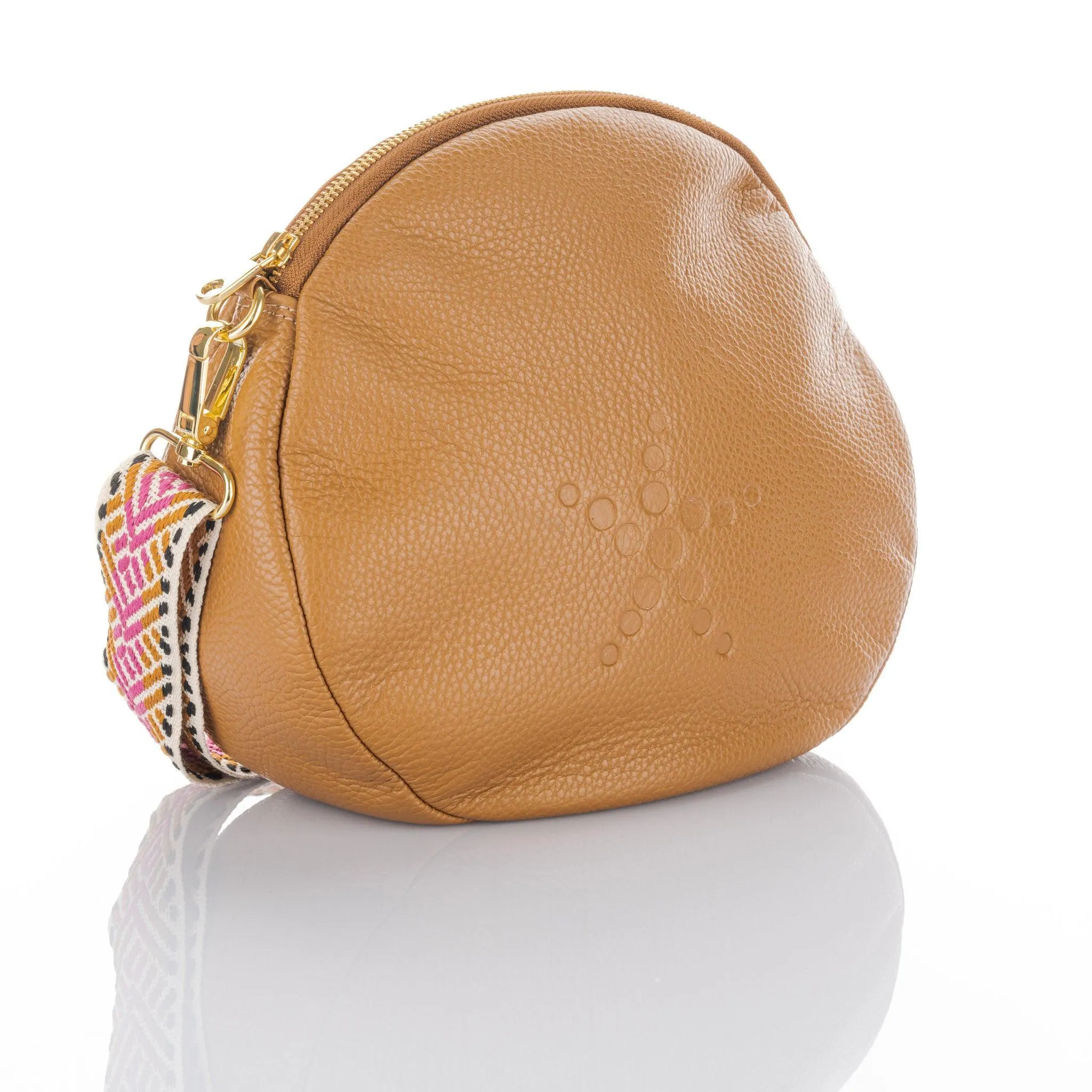 Alondra - Full Grain Leather Round Crossbody Bag - Camel