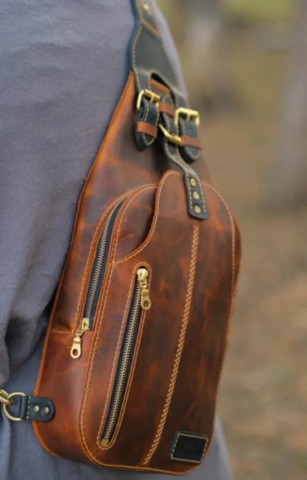 Authentic Brown Men's Crossbody Leather Sling Bag