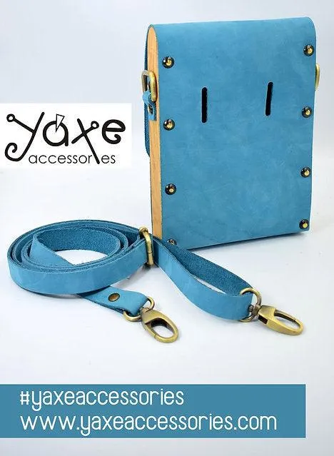 Blue unisex belt bag from leather and wood