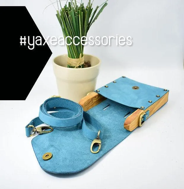 Blue unisex belt bag from leather and wood