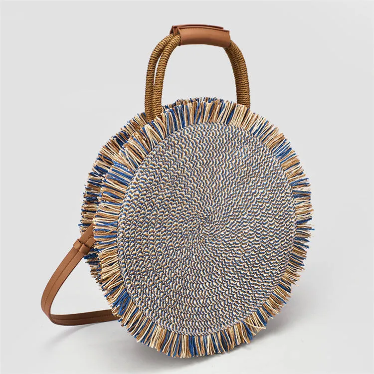 Christmas Gift Bohemian Round Straw Bags Rattan Women Handbags Handmade Woven Tote Wicker Shoulder Crossbody Bags Large Summer Beach Bag Purse