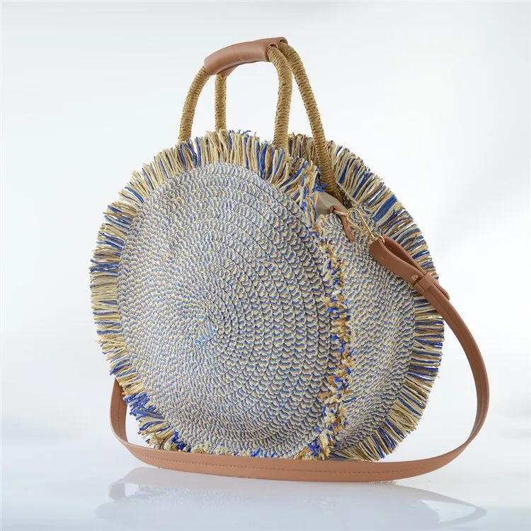 Christmas Gift Bohemian Round Straw Bags Rattan Women Handbags Handmade Woven Tote Wicker Shoulder Crossbody Bags Large Summer Beach Bag Purse