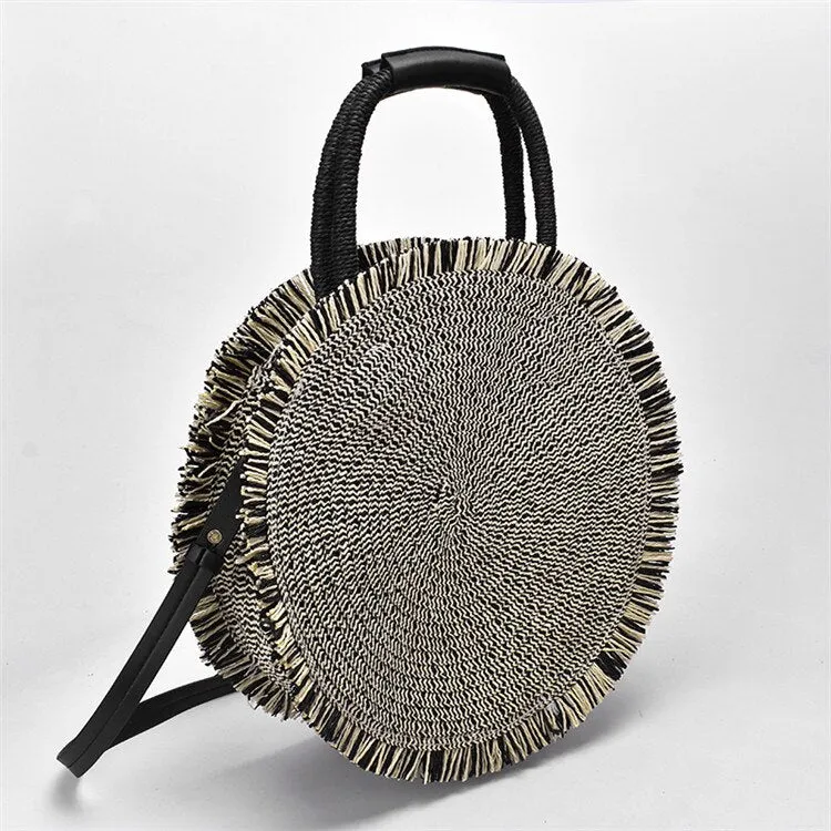 Christmas Gift Bohemian Round Straw Bags Rattan Women Handbags Handmade Woven Tote Wicker Shoulder Crossbody Bags Large Summer Beach Bag Purse