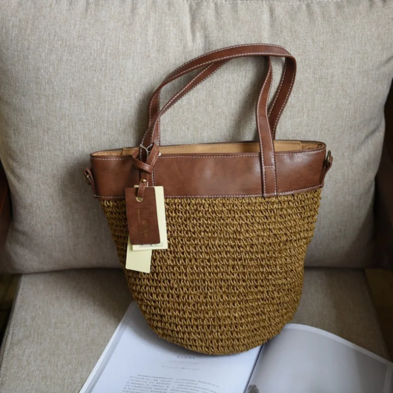 Christmas Gift casual rattan large capacity tote wicker woven women handbags handmade shoulder crossbody bag summer beach straw bags big purse