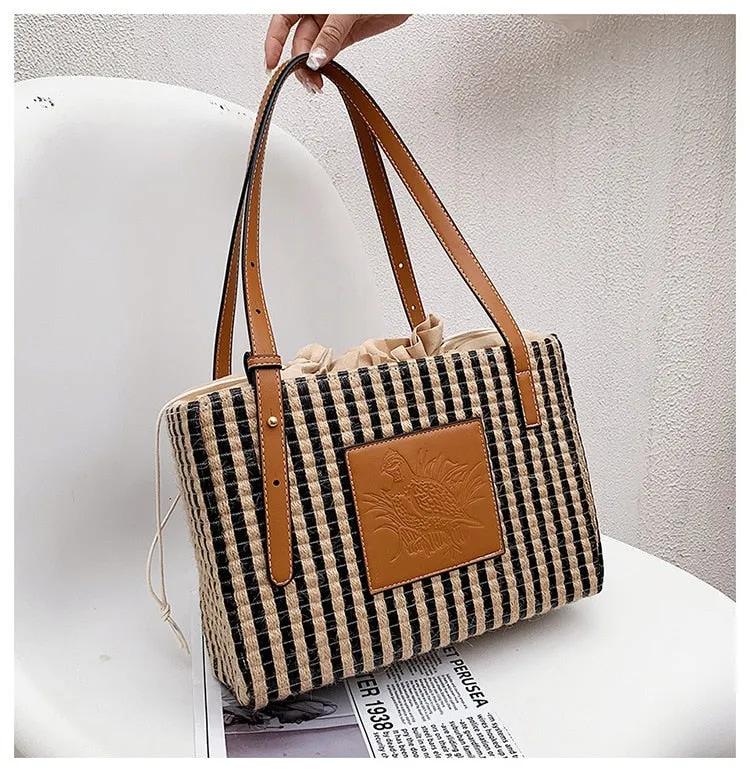 Christmas Gift Casual Striped Basket Straw Bags Rattan Woven Women Shoulder Bags Wicker Woven Handbags Summer Beach Large Tote Big Purses 2021