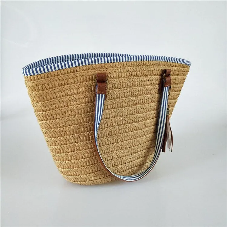 Christmas Gift casual tassel straw bags rattan women handbags wicker woven shoulder bags large capacity tote bucket bag summer beach purses new