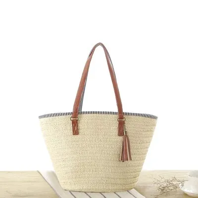 Christmas Gift casual tassel straw bags rattan women handbags wicker woven shoulder bags large capacity tote bucket bag summer beach purses new