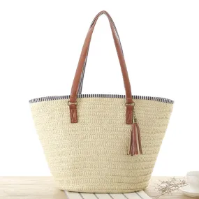 Christmas Gift casual tassel straw bags rattan women handbags wicker woven shoulder bags large capacity tote bucket bag summer beach purses new