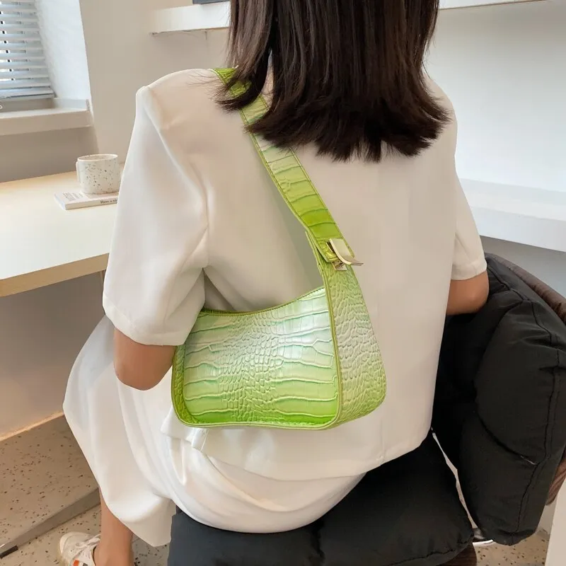 Christmas Gift Crocodile Pattern Gradient PU Leather Small Underarm Baguette Bags Shoulder Phone Purse and Handbags for Ladies Luxury Designer