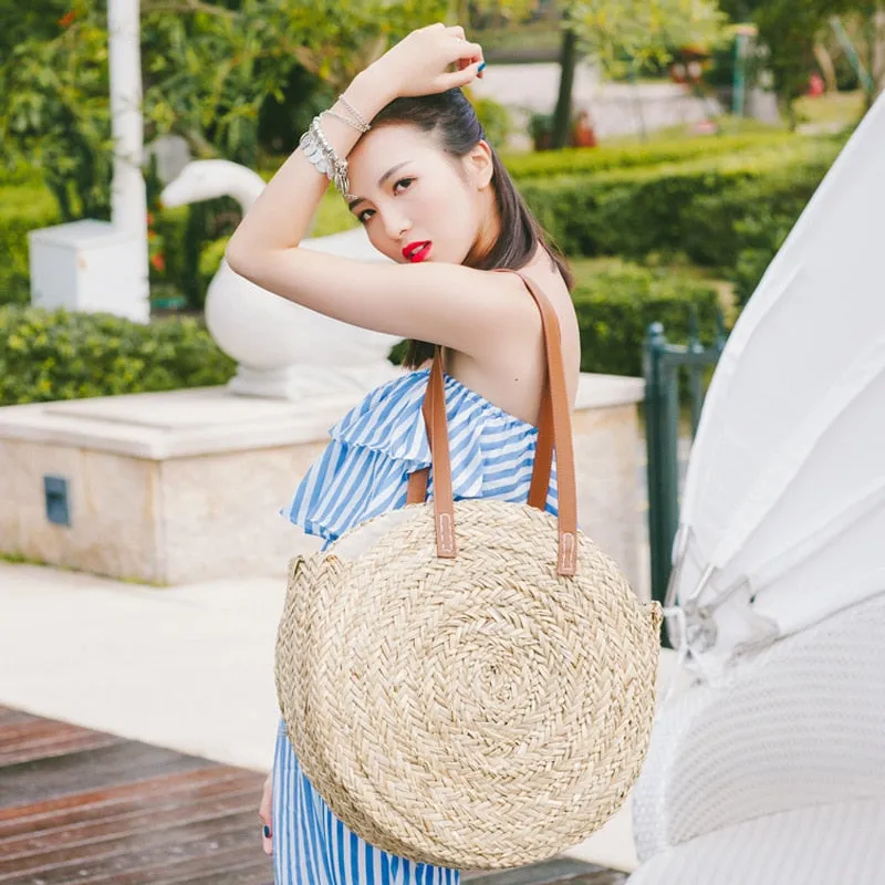 Christmas Gift Fashion Round Straw Bags Rattan Women Shoulder Bags Casual Wicker Woven Handbags Moroccan Palm Basket Beach Bag Summer Big Tote