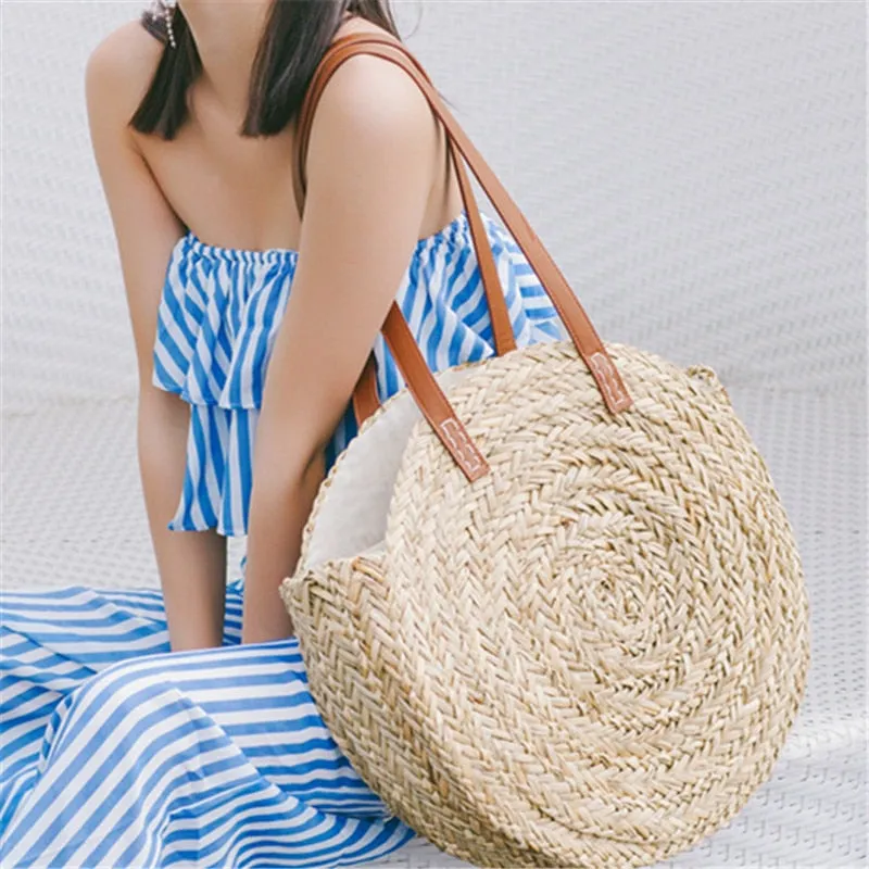 Christmas Gift Fashion Round Straw Bags Rattan Women Shoulder Bags Casual Wicker Woven Handbags Moroccan Palm Basket Beach Bag Summer Big Tote