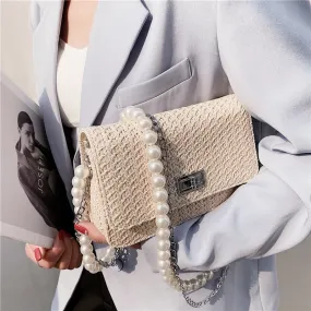 Christmas Gift Small Straw Flap Crossbody bag 2021 Summer New Fashion Women's Designer Travel Handbag Pearl strap Shoulder Beach Purses