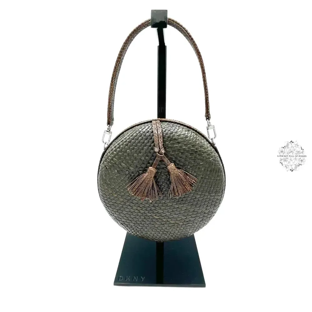 Circle Leather Strap and Tassel Woven Straw Handbag | Round Straw Rattan Handbag