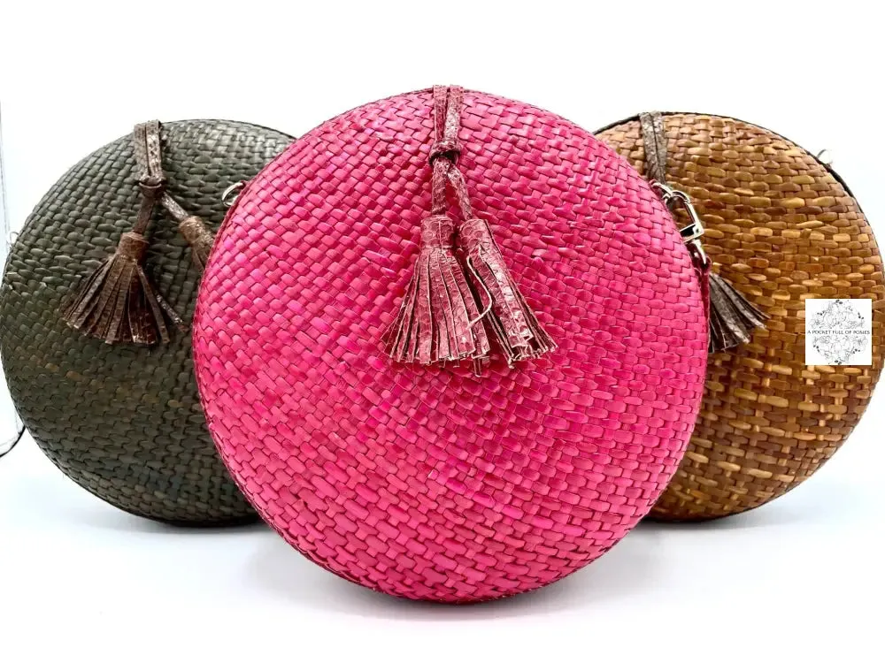 Circle Leather Strap and Tassel Woven Straw Handbag | Round Straw Rattan Handbag