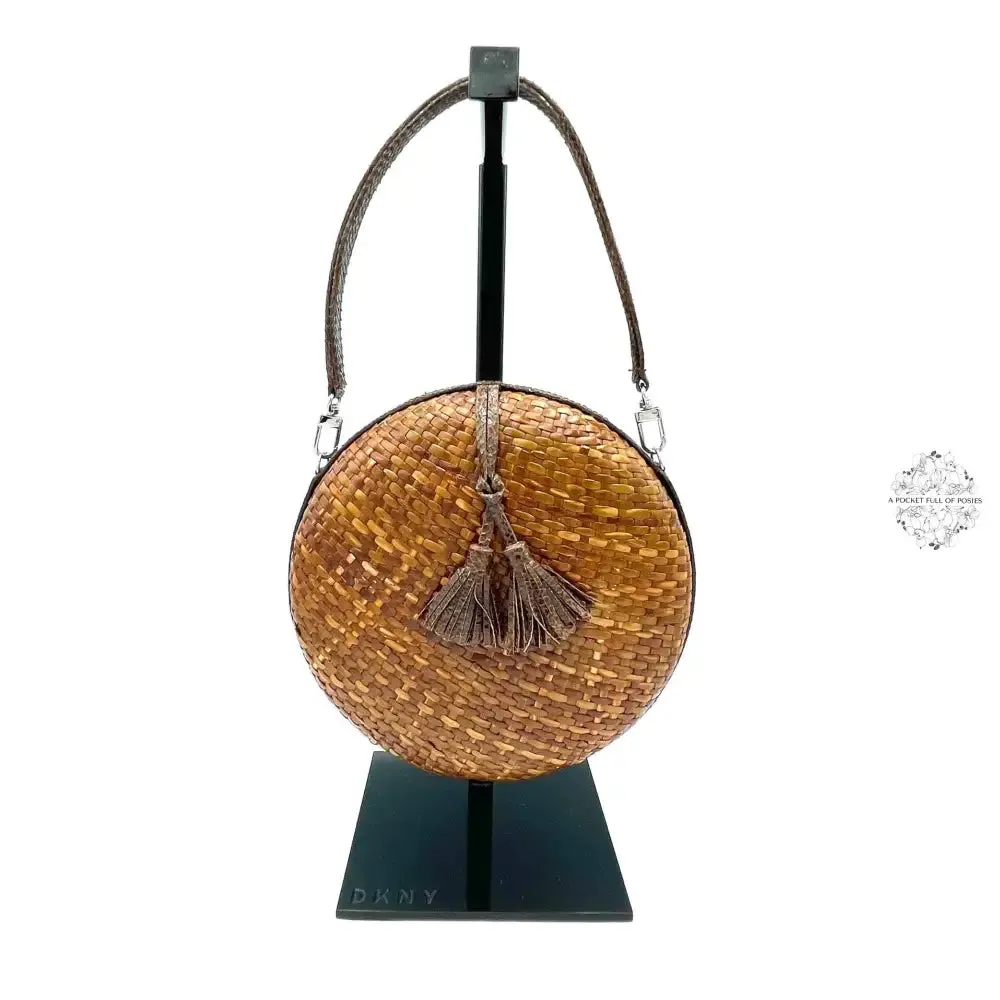 Circle Leather Strap and Tassel Woven Straw Handbag | Round Straw Rattan Handbag