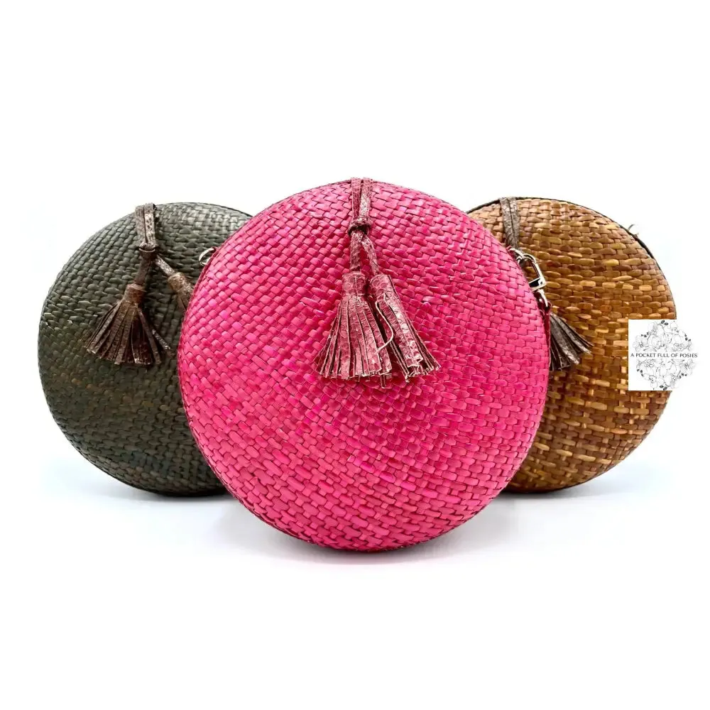 Circle Leather Strap and Tassel Woven Straw Handbag | Round Straw Rattan Handbag