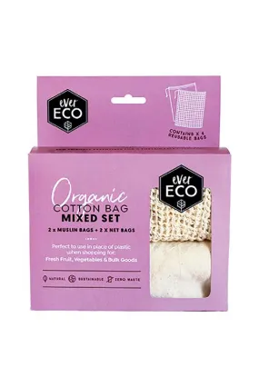 Ever Eco Reusable Produce Bags Organic Cotton Mixed Set - 2 Muslin Bags & 2 Net Bags