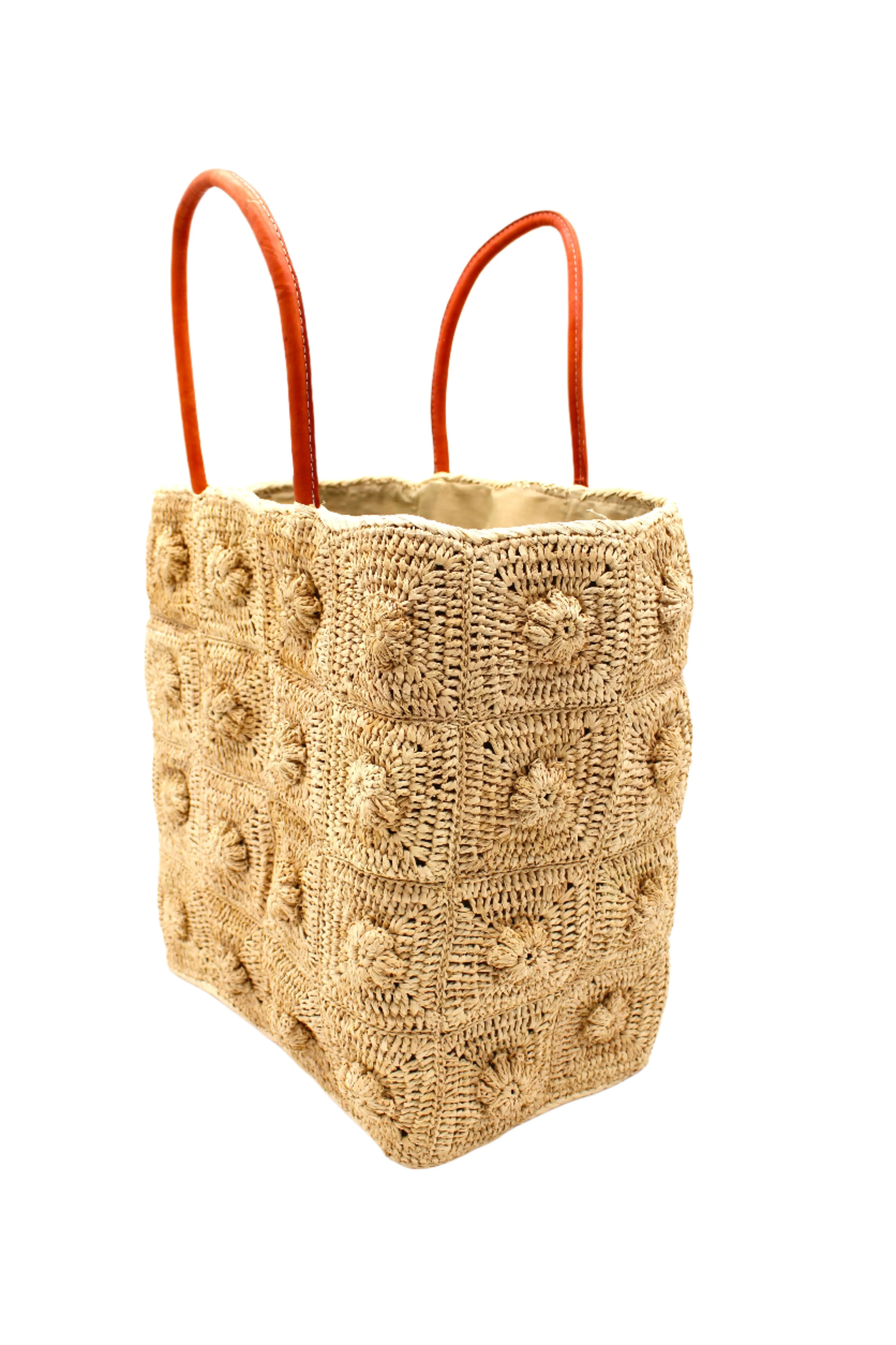 Flower Power Crochet Straw Basket Bag