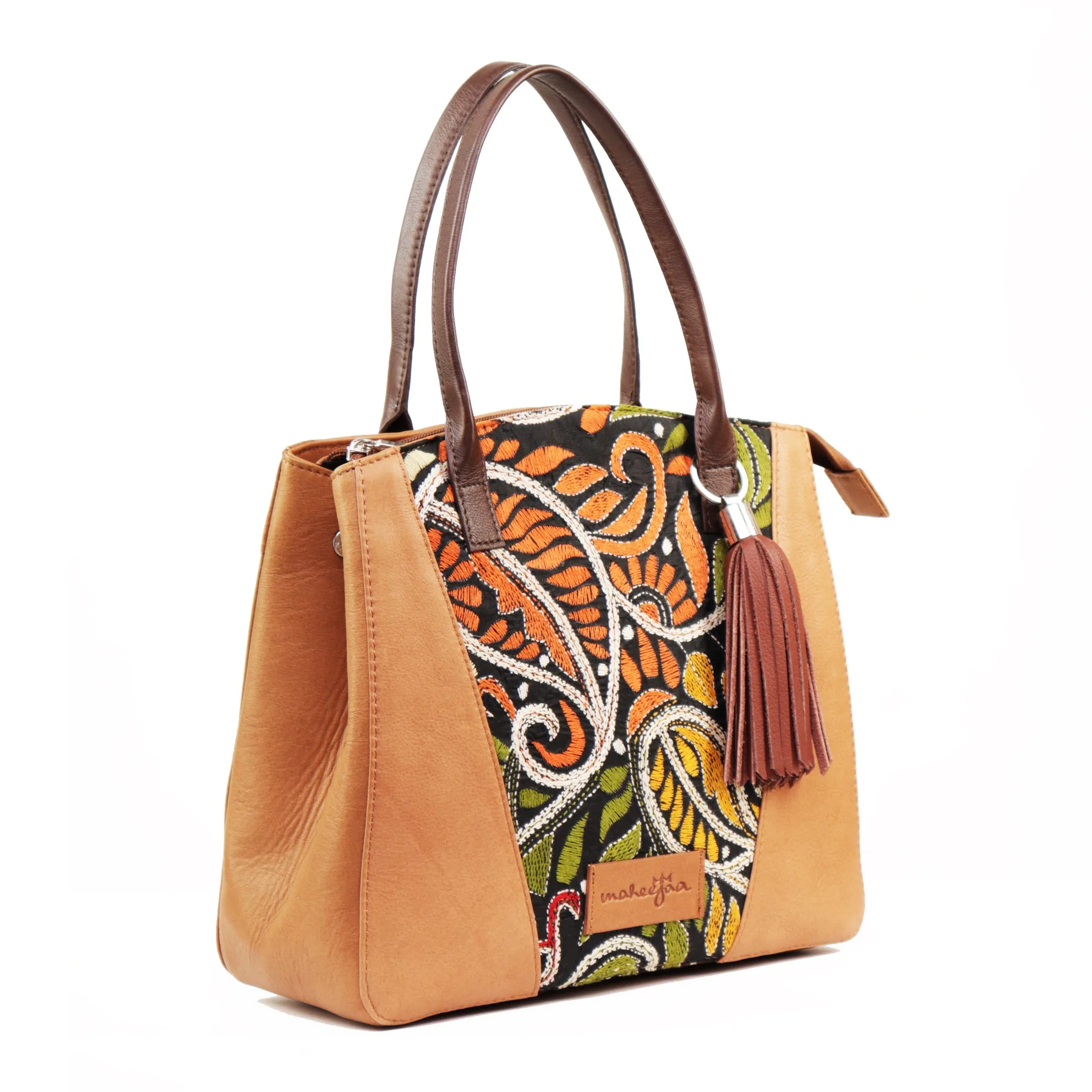 Genuine Leather-Kantha Handcrafted Tote Bag Women (Orange Tan)