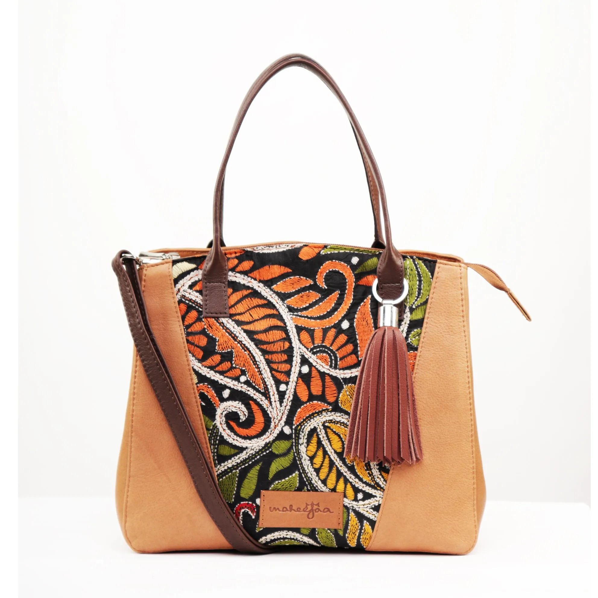 Genuine Leather-Kantha Handcrafted Tote Bag Women (Orange Tan)