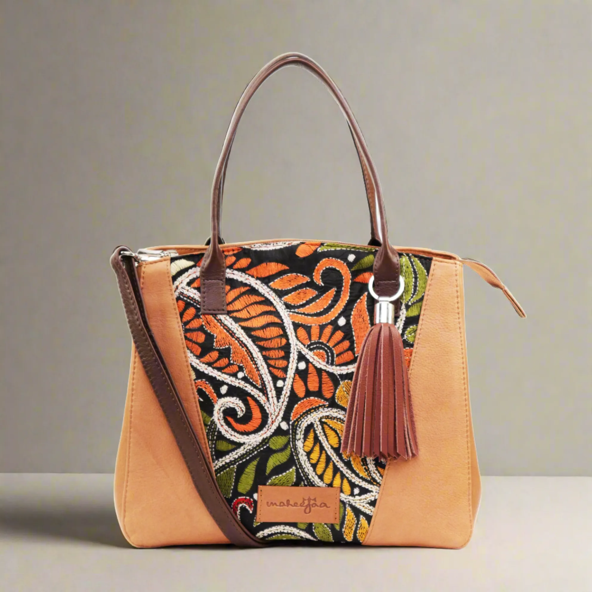 Genuine Leather-Kantha Handcrafted Tote Bag Women (Orange Tan)