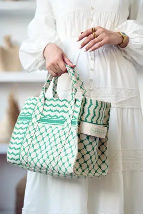 Green and Cream Keffiyeh Pattern Medium Tote - Timeless Cotton Canvas Design