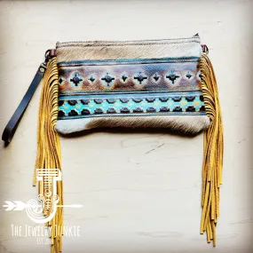 **Hair on Hide Handbag w/ Blue Navajo Accent & Mustard Fringe 513s