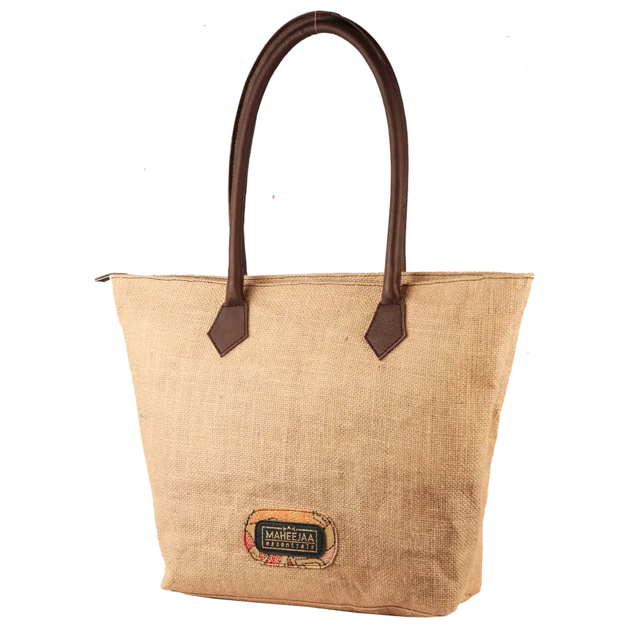 Jute Bag with Leather Handles - Natural