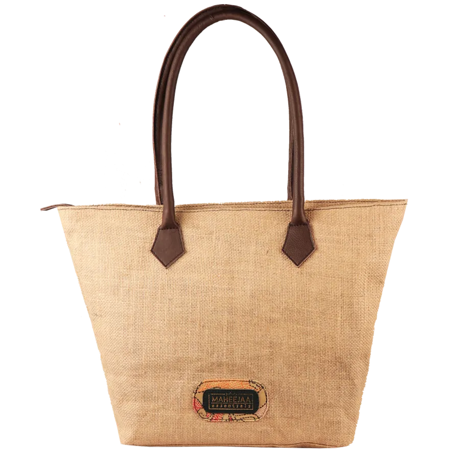 Jute Bag with Leather Handles - Natural