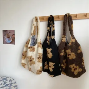 Lamb Like Fabric Fluffy Bear Soft Tote Bags