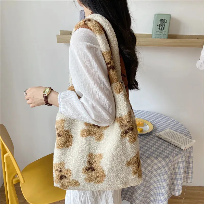 Lamb Like Fabric Fluffy Bear Soft Tote Bags