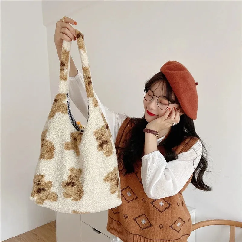 Lamb Like Fabric Fluffy Bear Soft Tote Bags