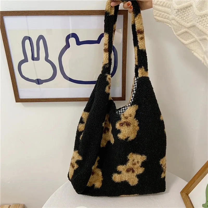 Lamb Like Fabric Fluffy Bear Soft Tote Bags