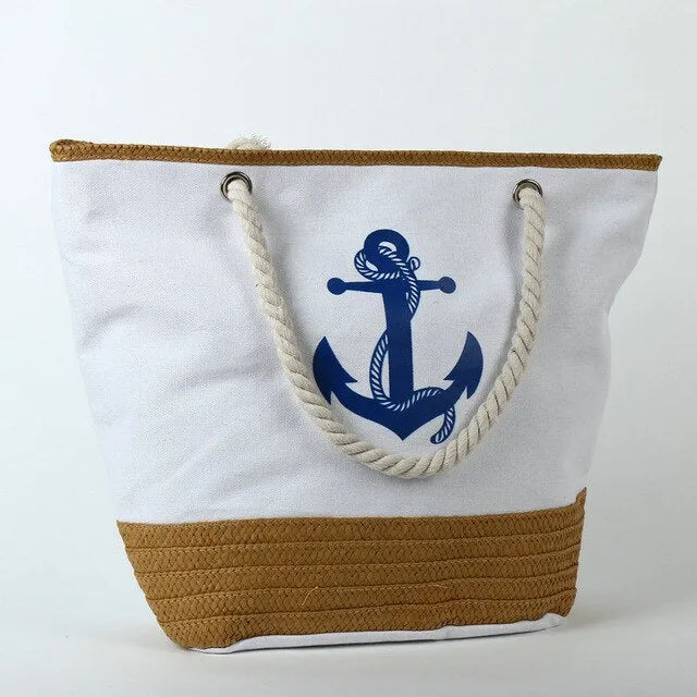 Large Capacity Bag Summer Anchor Stripes Printing Vacation Canvas Tote Bag