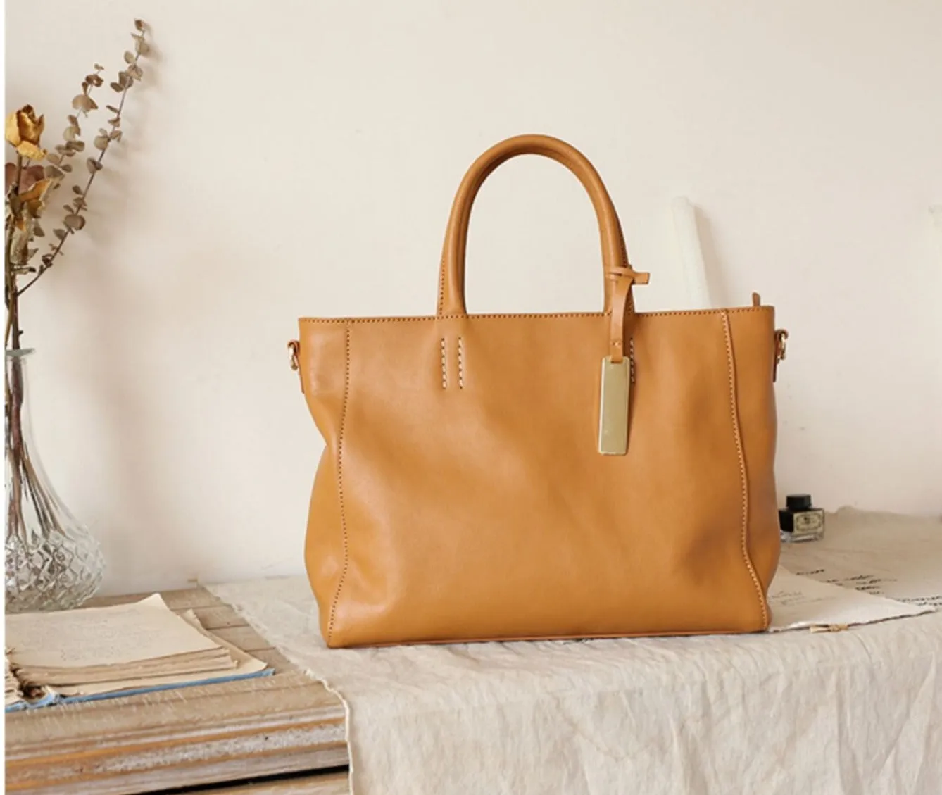 Large Full Grain Leather Tote Handbag