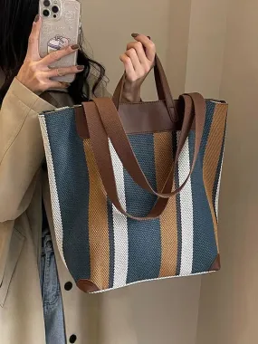 Leather Accents Striped Canvas Tote Bag