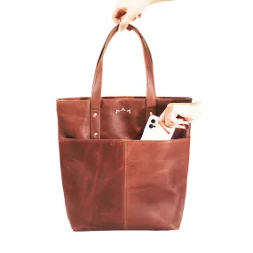 Leather Handbag Long Tote - Umber