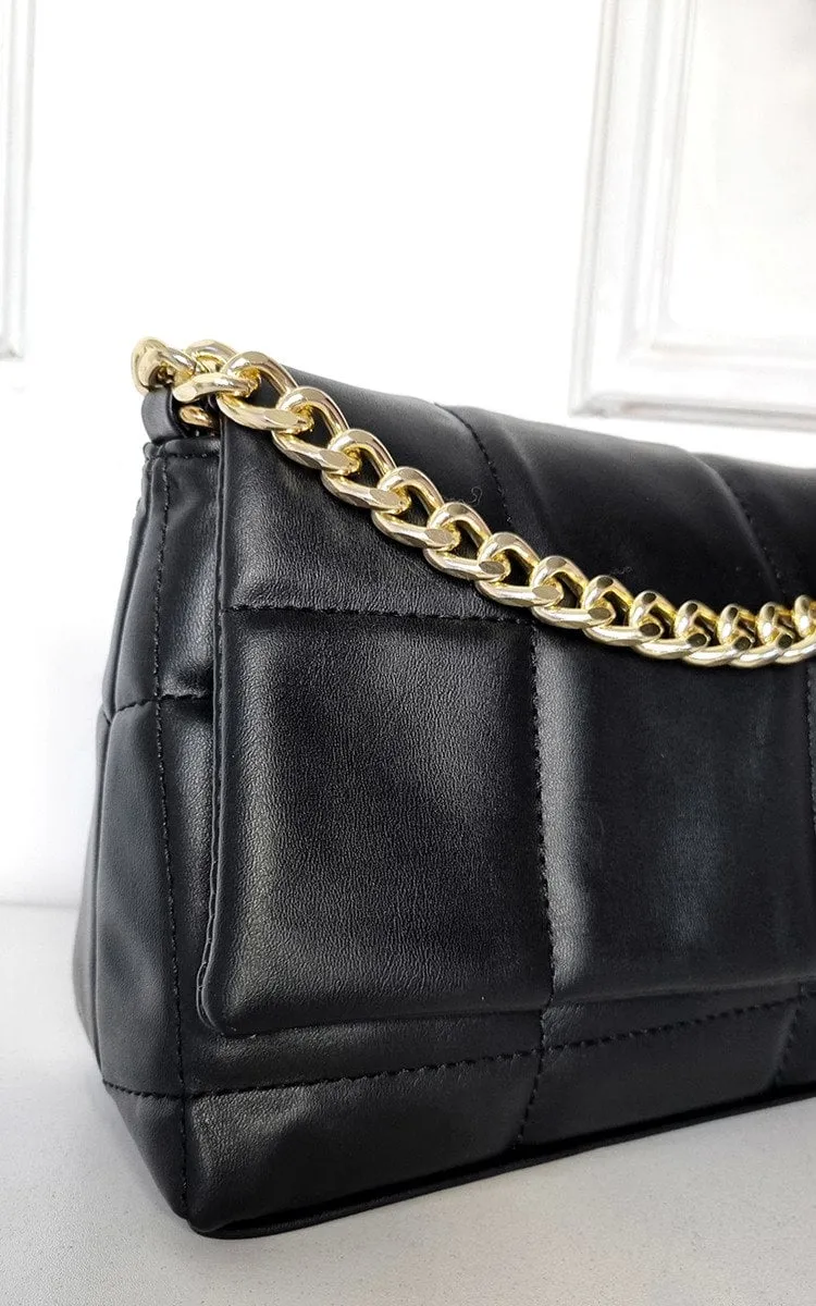 Padded Faux Leather Handbag with Chain Detail