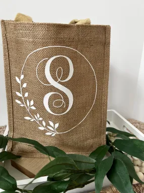 Personalized Burlap Tote Bag with Custom Initial and Wreath Detailing