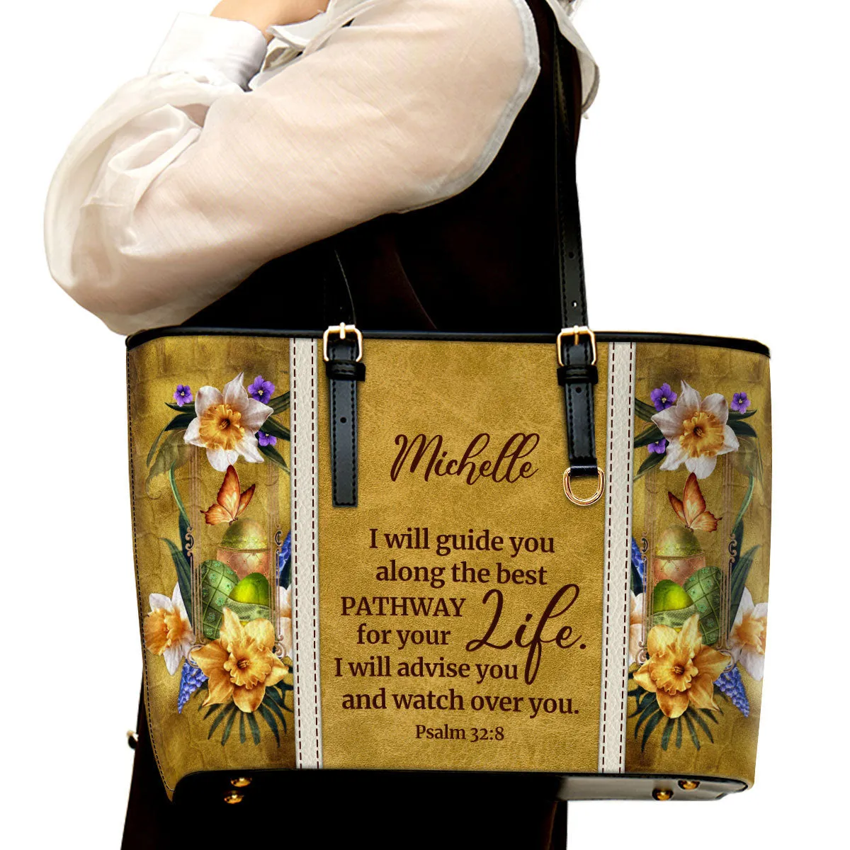 Personalized Large Leather Tote Bag I Will Advise You And Watch Over You - Spiritual Gifts For Christian Women