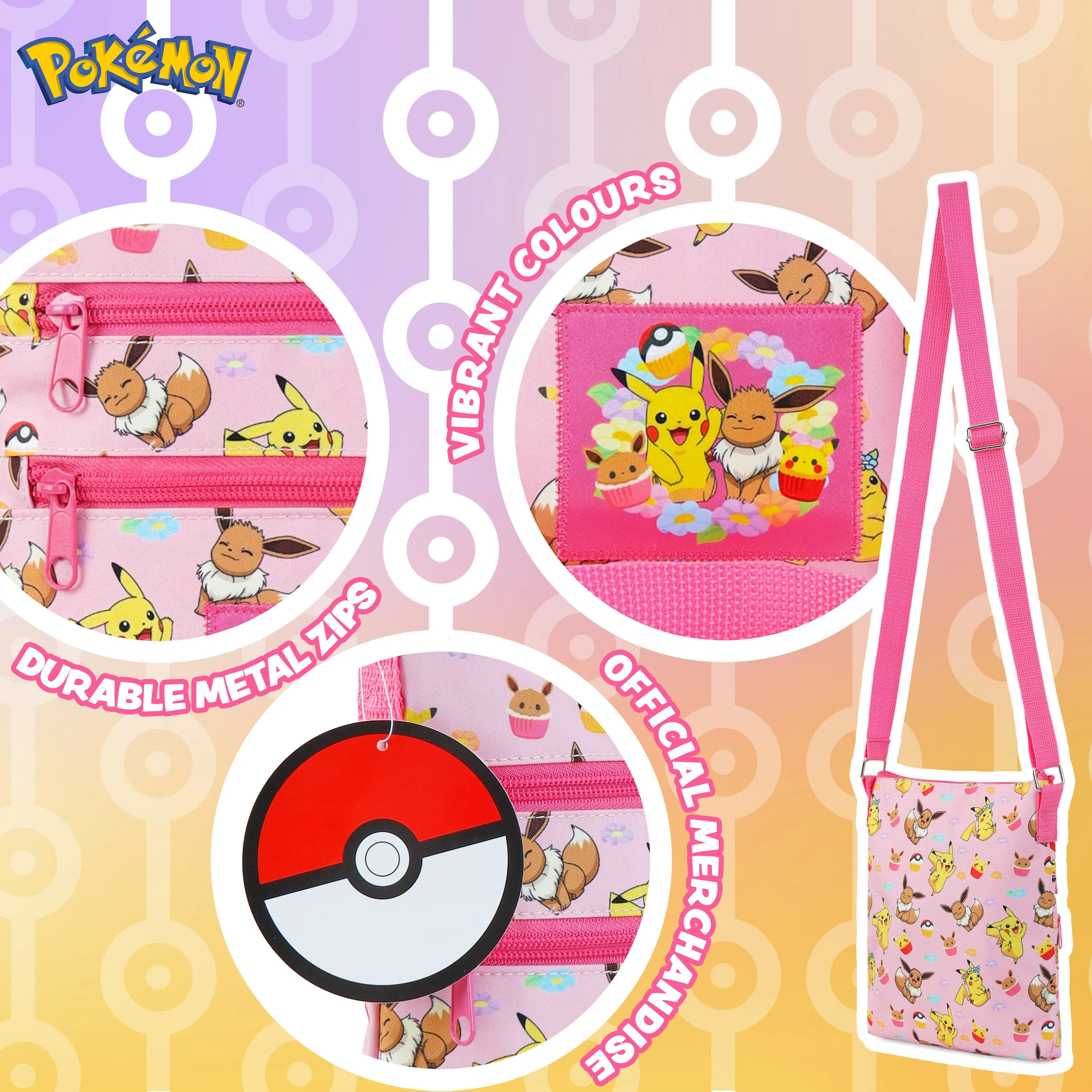 Pokemon Cross Body Bag for Girls Pikachu Eevee - Pink Shoulder Bag