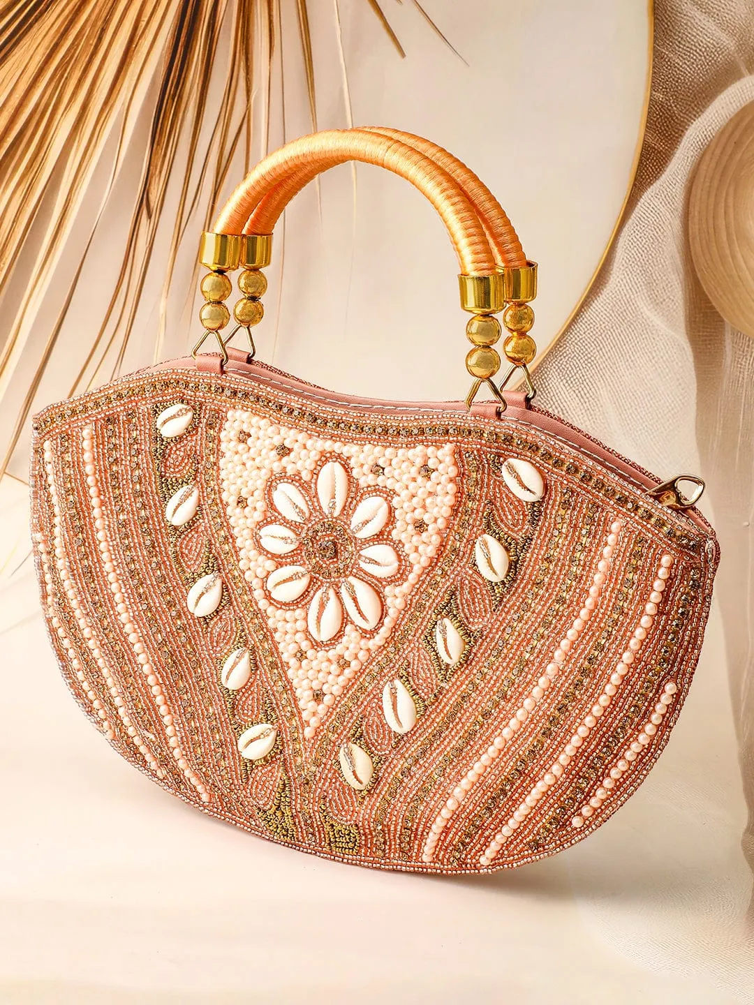 Rubans Handcrafted Peachy Pink Beaded & Shell-Embellished Handbag Floral Design Handle Bag