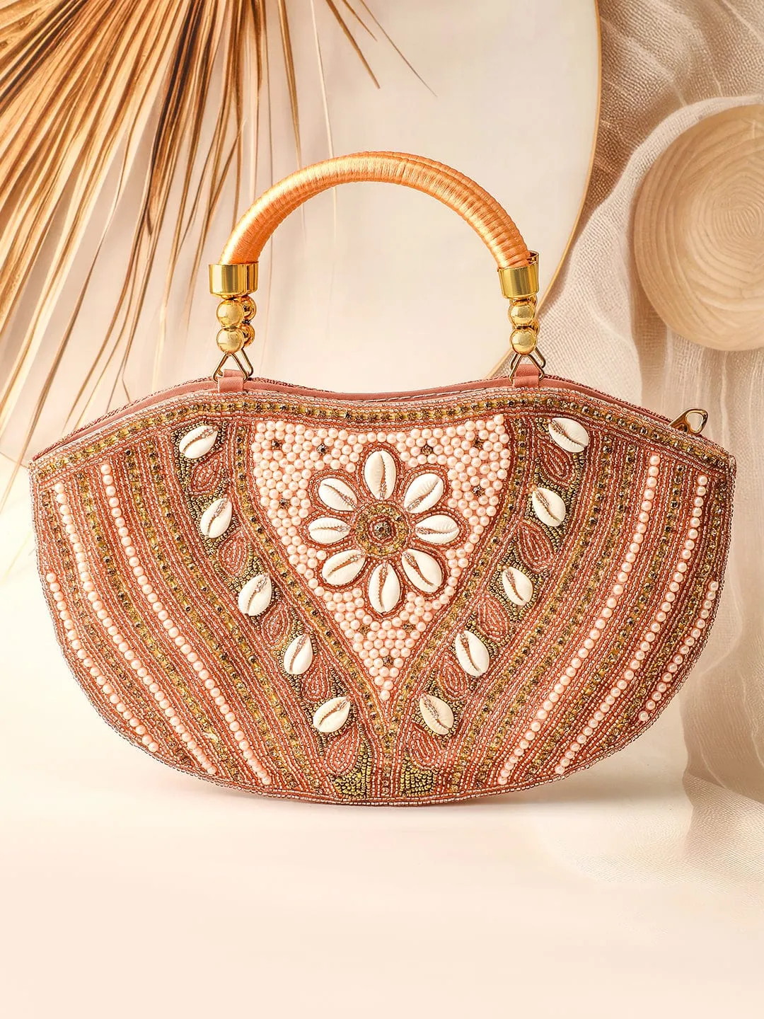 Rubans Handcrafted Peachy Pink Beaded & Shell-Embellished Handbag Floral Design Handle Bag