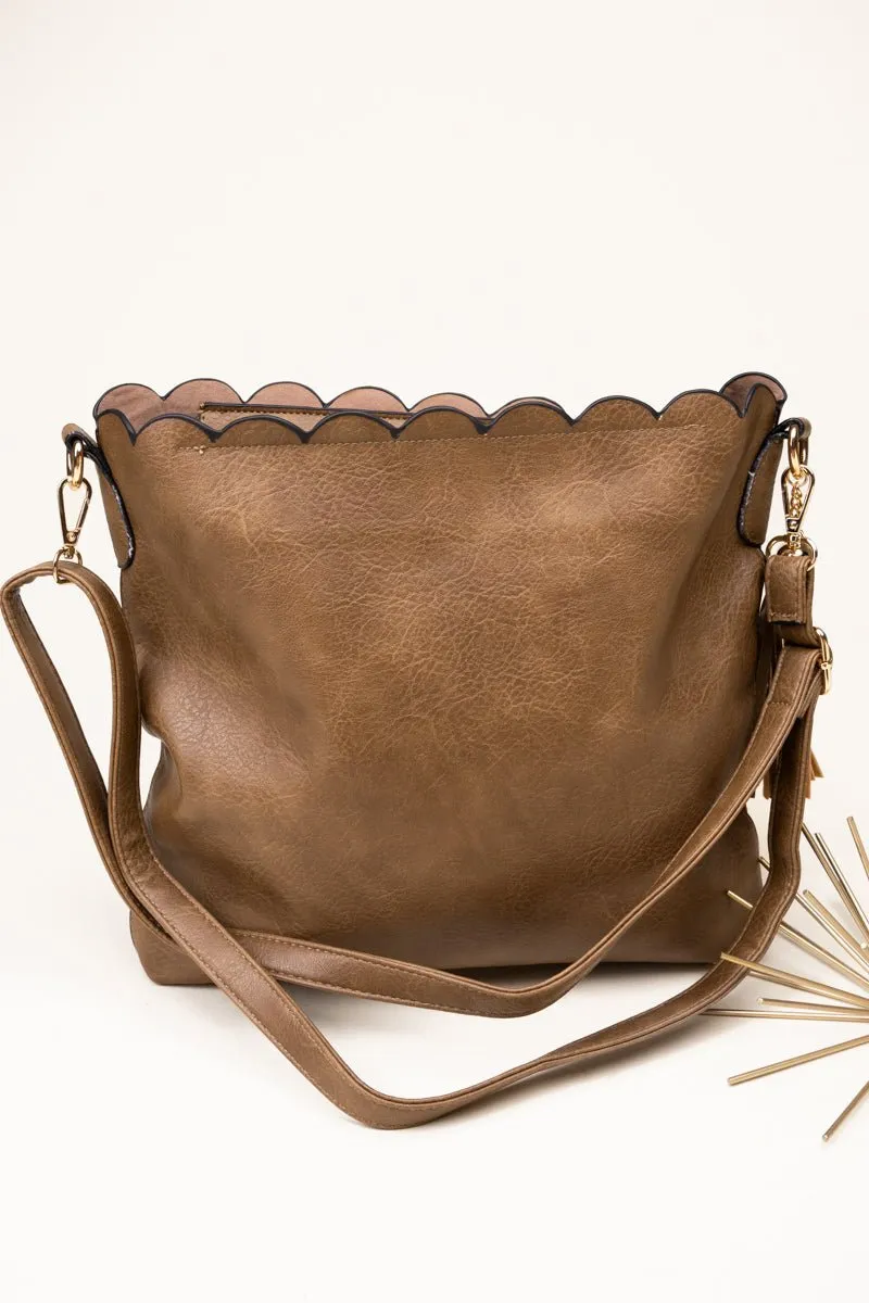 SALE! NGIL Taupe Faux Leather Sabina Scalloped Crossbody Tote