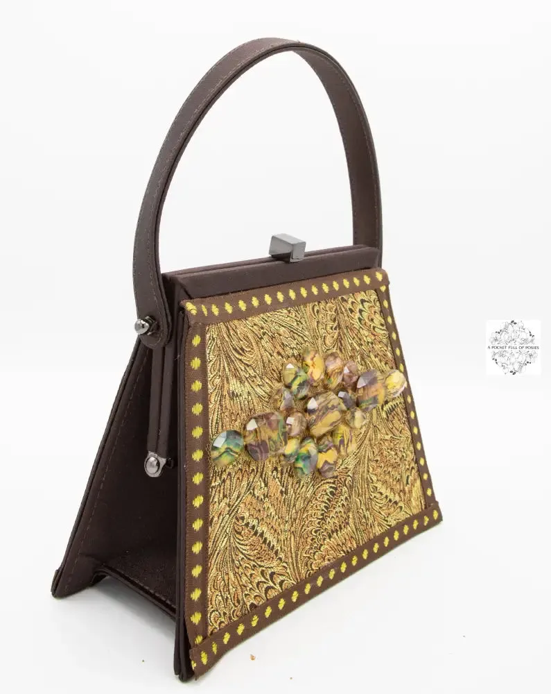 Small Trapezoid Bag in Ochre-Brown with Brown-Aqua Embellishment