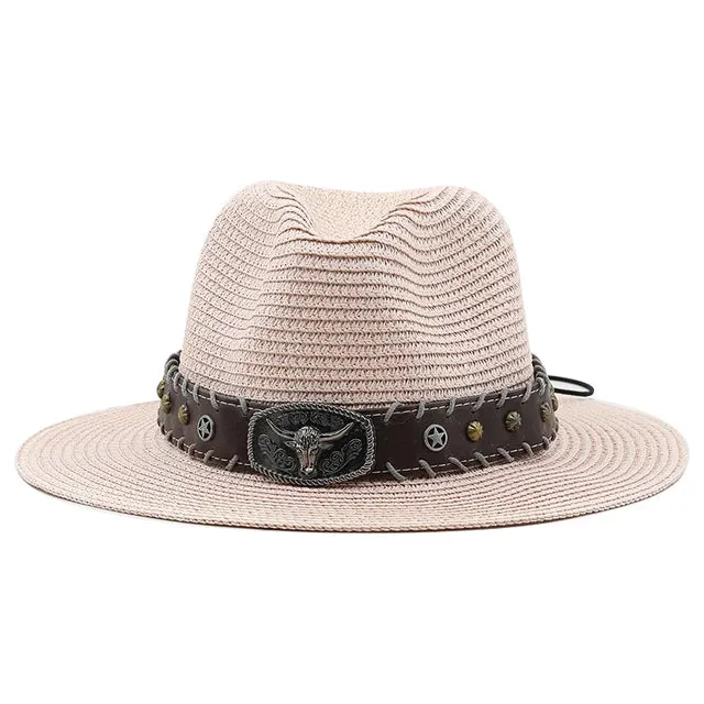 Straw Wide Brim Hat With Leather Band