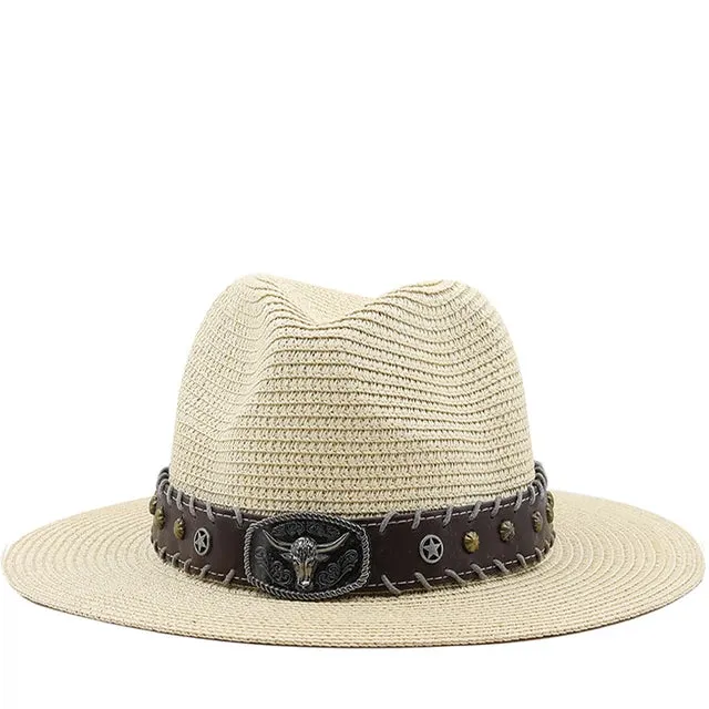 Straw Wide Brim Hat With Leather Band