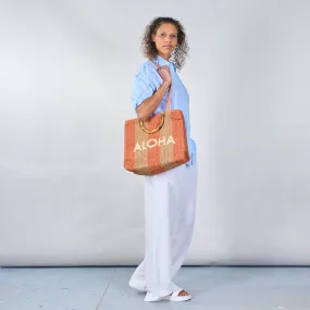 Striped crochet tote bags with "ALOHA" print wholesale