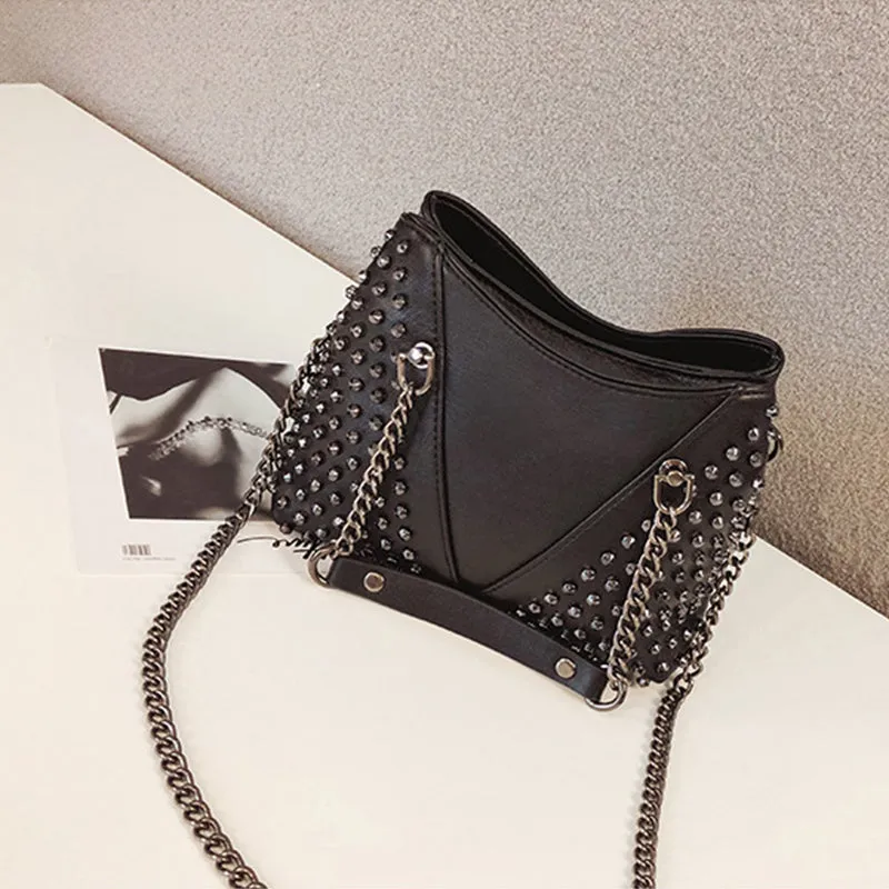 Studded Rivet Rock Chain Purse Leather Crossbody Wallet Punk Bag